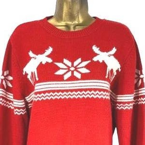 Y2K Sweater L Oversized Moose Snowflake Ski Nordic Scandinavian Long Sleeves Super Soft Cozy Cottage Animals Nature