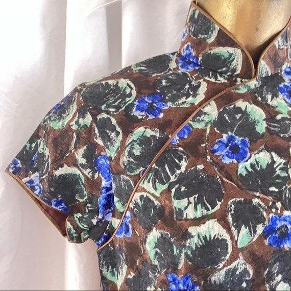 Vintage Cheongsam - 60s Handmade Blue and Brown F… - image 1