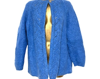 Vintage Hand Knit Mohair Sweater: Chunky Blue Cottage Core Cardigan