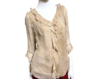 Y2K Silk Ruffled Babydoll Top: Beaded Fairycore Blouse