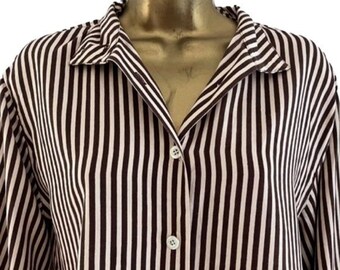Y2K 100% Silk Neapolitan Pink and Brown Striped Blouse - pearlized buttons