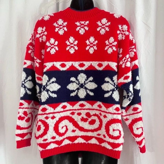 Vtg Oversize Snowflake Knit Sweater Bicentennial … - image 2