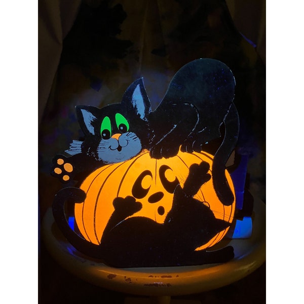 Vintage Black Cat Pumpkin Jack Lantern Halloween Glow Blacklight Flocked Velvet Poster Wall Decor