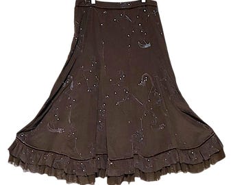 Y2K Tribal Corduroy Maxi Skirt 14 Ruffle Embroidered Velvet Western Whimsygoth