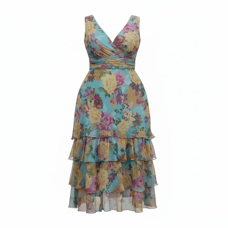 May include: A sleeveless, knee-length dress with a V-neckline and a tiered skirt. The dress features a floral pattern in shades of blue, yellow, and pink. The waist is cinched with a matching fabric band. The dress is made of a lightweight, flowing material.