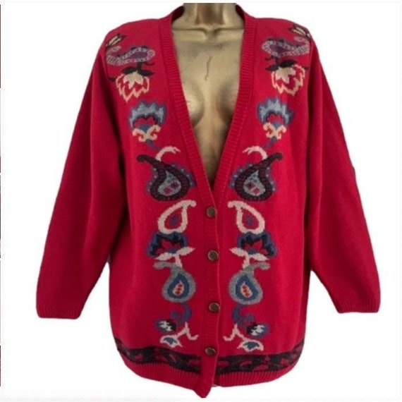 Y2K Floral Paisley Embellished Red Cardigan Sweat… - image 1