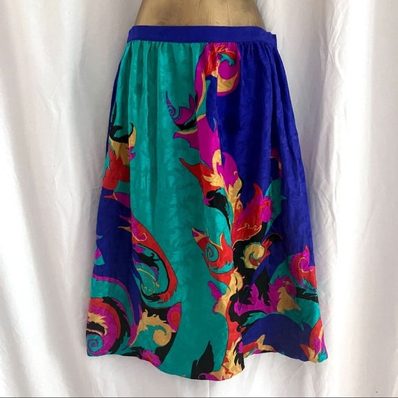 Vintage Silk Damask Jewel Tone Skirt - 80s 100% S… - image 1