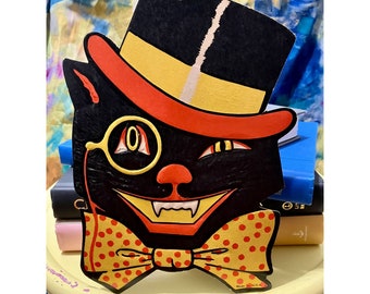 Vintage Black Cat Face Top Hat Die Cut Embossed Beistle Halloween Decor 1970 USA