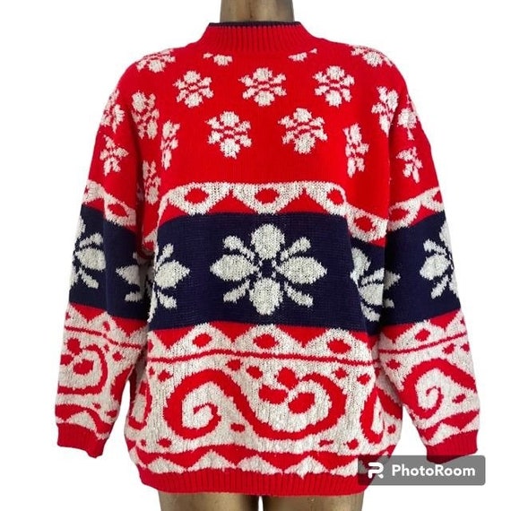 Vtg Oversize Snowflake Knit Sweater Bicentennial … - image 1