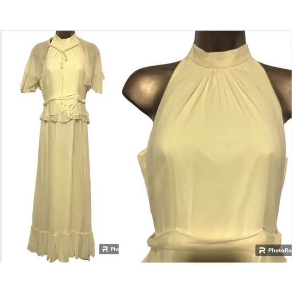 Vintage Silk Chiffon Halter Neck Peplum Maxi Dress