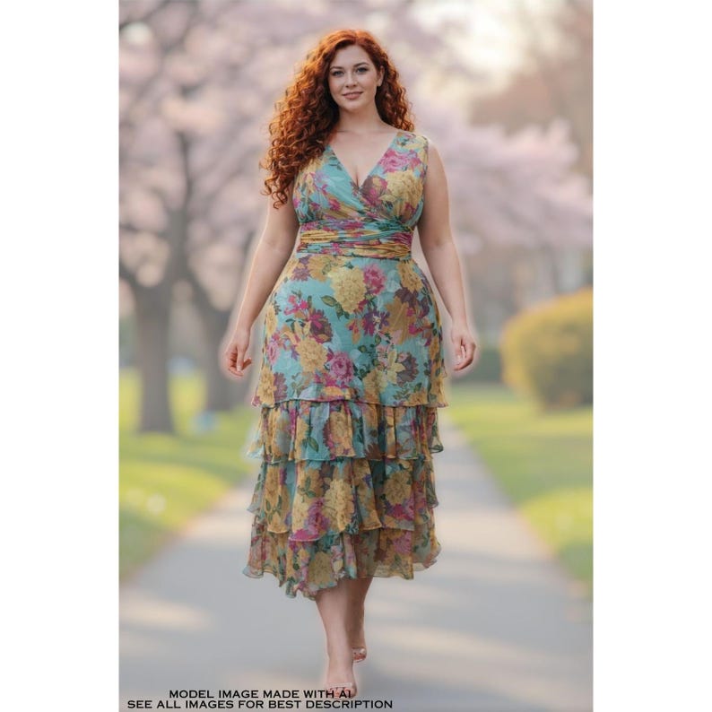 May include: A sleeveless, floral-print dress with a V-neck and tiered skirt. The dress features a teal background with yellow, pink, and purple flowers. The model is walking on a path with a blurred background of trees and pink blossoms.