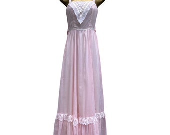 Vintage Gunne Sax Prairie Dress: Pink Cotton Blend Lace Trim