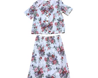 Vintage Romantic Floral Cotton Blend Skirt Suit 2X Mother Bride Whimsy Cottage