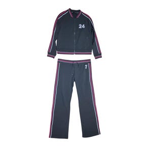 May include: A dark gray tracksuit set, featuring a zip-up jacket and matching pants. The jacket has the number "24" on the chest, and the pants have the number "7". Both pieces have white and pink stripes down the sides.