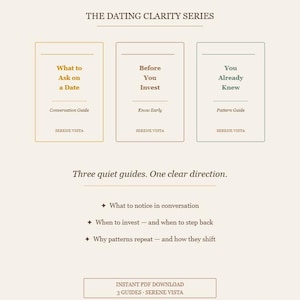 Może przedstawiać: Grafika do pobrania cyfrowego z tekstem "The Dating Clarity Series" i trzema przewodnikami: "What to Ask on a Date", "Before You Invest" i "You Already Knew". Przewodniki są oznaczone jako "Conversation Guide", "Know Early" i "Pattern Guide".