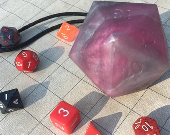 Pink & Silver Swirl D20 Soap on a Rope with Polyhedral Dice Set
