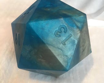 Caribbean Blue Silver Swirl D20 Soap on a Rope with Polyhedral Dice Set
