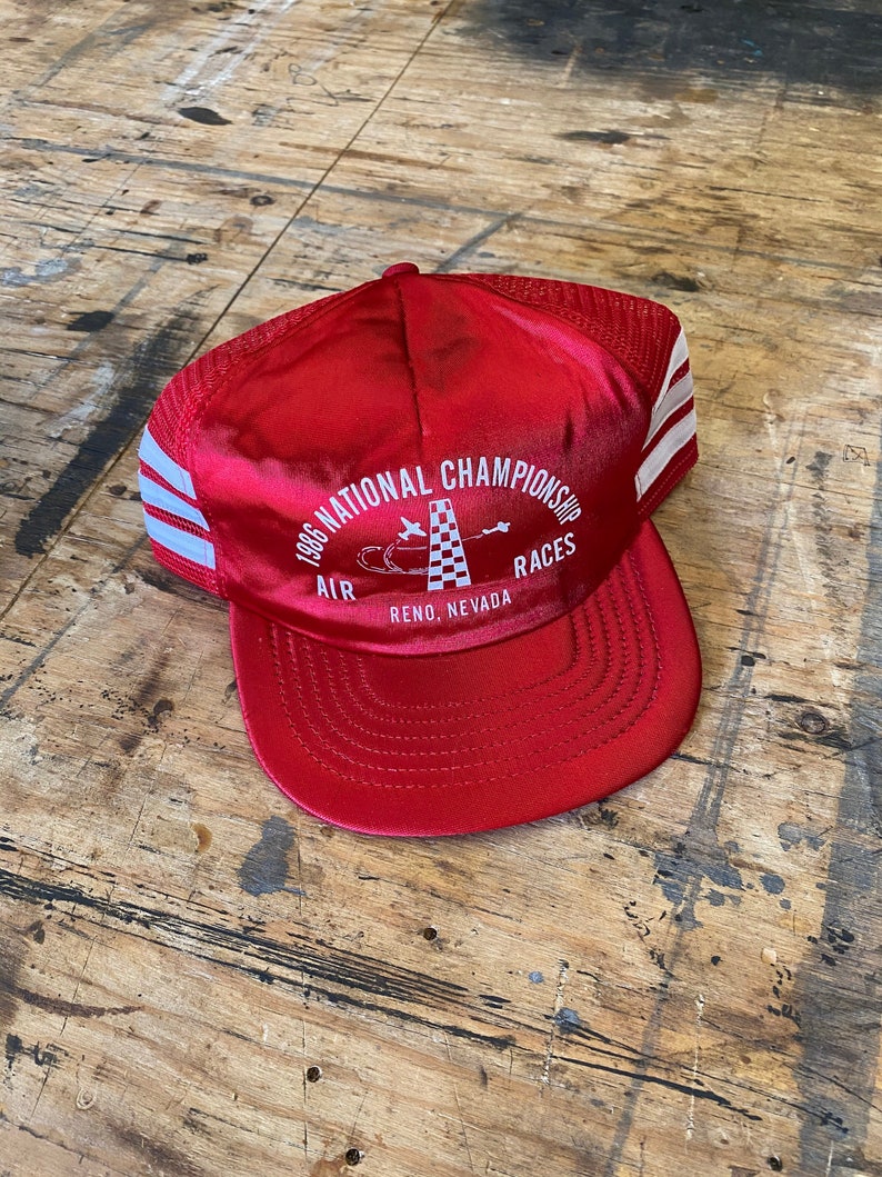Vintage Reno Nevada National Championship Air Races Red Satin Trucker Hat Used USA Made 1986