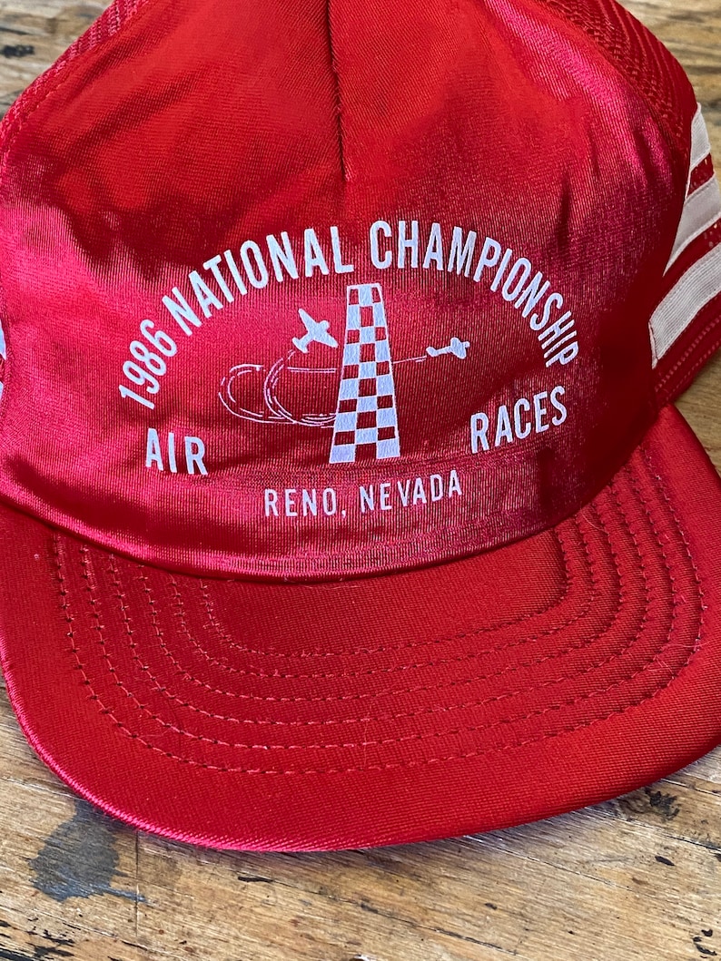 Vintage Reno Nevada National Championship Air Races Red Satin Trucker Hat Used USA Made 1986