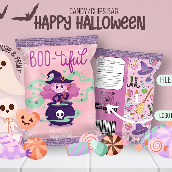 Halloween Candy bags, instant download, Kids halloween party, Trick or Treat supplies, halloween gifs, Editable halloween chips bags