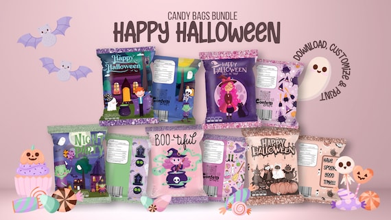 Halloween Candy Bags Bundle, Instant Download, Chip Bag Wrappers, Birthday Favors, Editable Chips Bags halloween, Kids Halloween Party