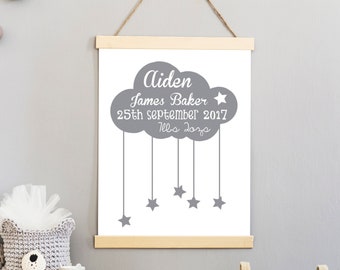 Baby Cloud and Stars Print - Personalised baby details, New born Gift, Personalized Nursery Decor