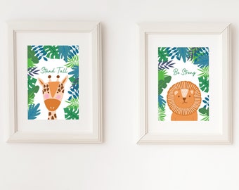 Lion and Giraffe Illustrated Prints, Kids Room Decor, Nursery Decor