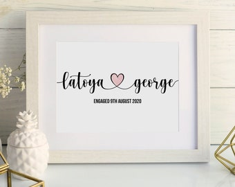 Couple print, Personalised Engagement Gift, Wedding Gift, New Home, Joined names with heart