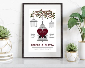 Wedding Birdcage Print, Personalised, Personalized, Custom, Marriage, Love, Gift, Decor