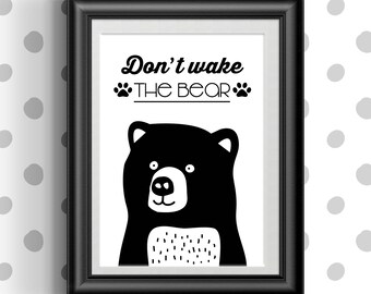 Don't wake the bear - Nursery Print - Monochrome, Bear Illustration, Nature, Baby, Kids, Black and white, Nursery Decor, Bold, Wall Art.