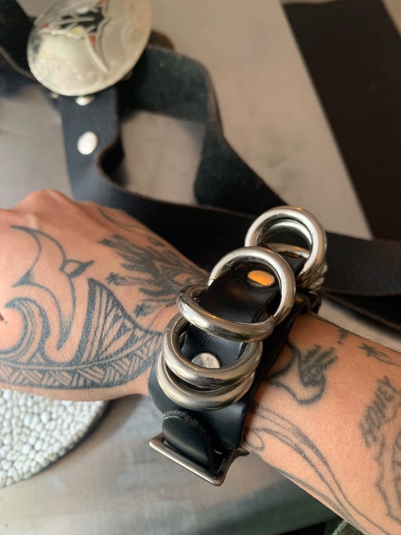 Adjustable black leather punk ring bracelet - image 1