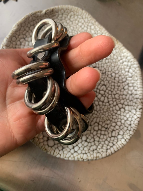 Adjustable black leather punk ring bracelet - image 3