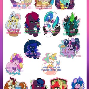May include: A collection of colorful cartoon pony illustrations, each with unique designs and accessories. The images include ponies with various themes, such as Easter, music, and floral arrangements. The text "Twisted Sketch" and the year 2021 are visible on some images.