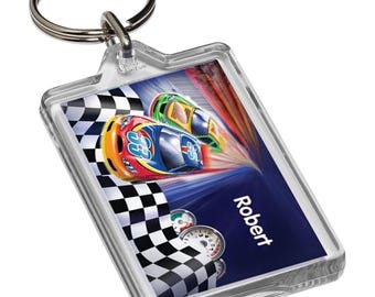 Personalised Racing Car Keyring Kids Custom Keyring - Bag Tags Gift School Child