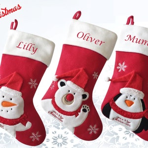 Personalized Any Name Luxury Lined Red & White Christmas Stocking Personalised Name Printed Polar Bear, Penguin or Snowman