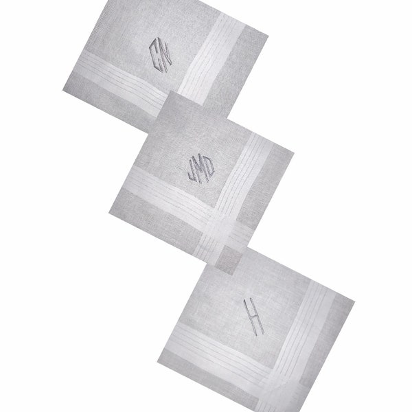 Monogram Embroidered Initial Handkerchiefs Art Deco Font Hankies Personalised 3 Pack 100% Cotton Satin Edge Finish 1, 2, or 3 initials