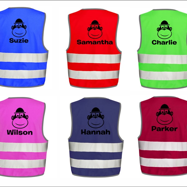 Boys Girls Unisex High Viz Printed Personalised Personalized Cheeky Monkey Any Name Waistcoat Vest 6 Colours 3 Sizes From Age 4 - 12