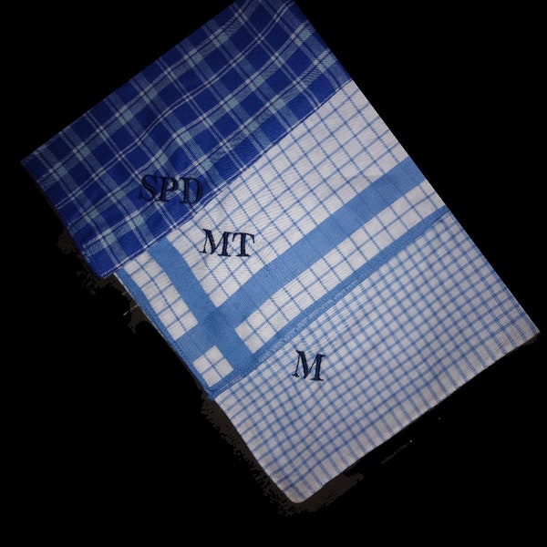 Monogram Embroidered Initial Handkerchiefs Hankies Personalised 3 Pack 100% Cotton Blue Check Finish 1, 2, or 3 initials, 1 Name or 2 Names