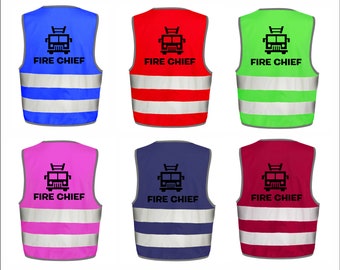 Boys Girls Unisex High Viz Printed  Fire Engine Fire Chief Funny Waistcoat Vest 6 Colours 3 Sizes From Age 4 - 12