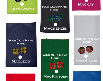 Tartan Scottish Lawn Bowls handdoek gedrukt gepersonaliseerde keuze van 8 Tartans en uw naam of naam en Club Suede Feel Quality Handdoek 8 kleuren