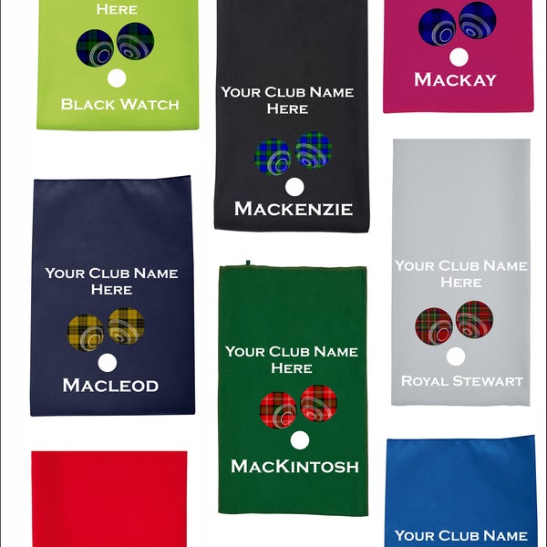 Tartan Scottish Lawn Bowls handdoek gedrukt gepersonaliseerde keuze van 8 Tartans en uw naam of naam en Club Suede Feel Quality Handdoek 8 kleuren