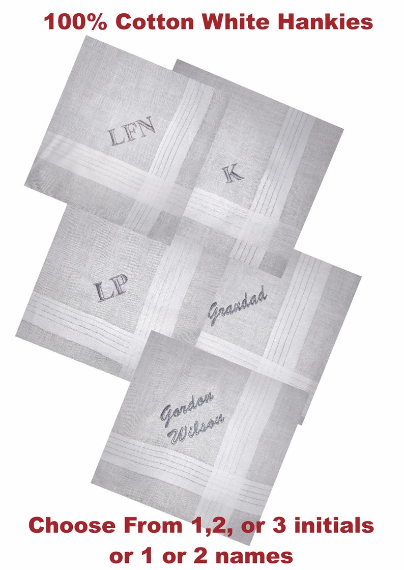 Monogram Embroidered Initial Handkerchiefs Hankies Personalised 3 Pack 100% Cotton Satin Edge Finish 1, 2, or 3 initials, 1 Name or 2 Names image 1