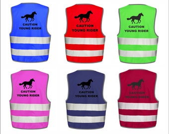 Boys Girls Unisex High Viz Printed Caution young Rider Horse Silhouette Waistcoat Vest 6 Colours 3 Sizes From Age 4 - 12