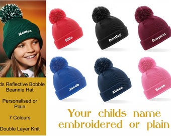 Personalised Personalized Embroidered Boys Girls Reflective Pom Pom Beanie Bobble Hat Any Name or Nickname, 7 Colours To Choose From