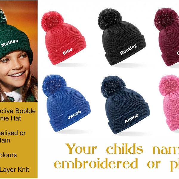 Personalised Personalized Embroidered Boys Girls Reflective Pom Pom Beanie Bobble Hat Any Name or Nickname, 7 Colours To Choose From