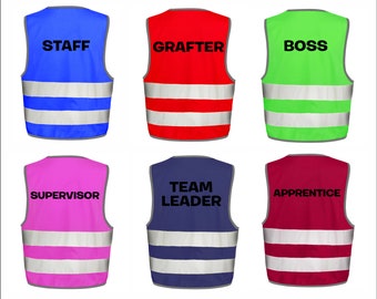 Boys Girls Unisex High Viz Printed  Boss Staff Grafter Supervisor Team Leader Apprentice Waistcoat Vest 6 Colours 3 Sizes From Age 4 - 12