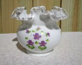 Vintage Fenton Glass Vase Violets in the Snow, Silver Crest Purple Violet Hand Painted Vase, Signed Jackie Delauncey, Ruffled Top Milk Glass