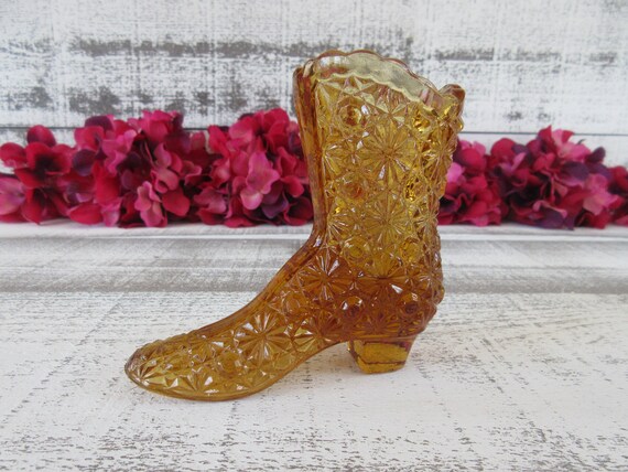 Collectible Fenton Daisy Button Amber Glass Boot - Vintage