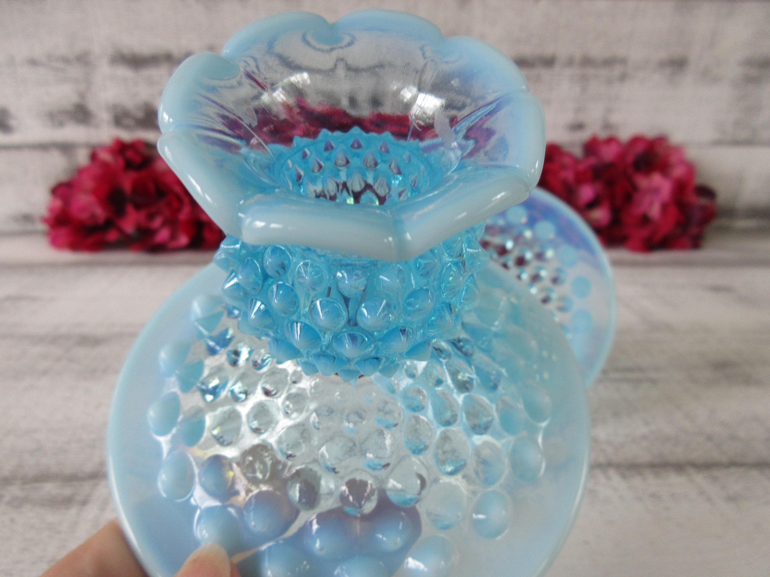 Pair of Blue Opalescent Fenton Hobnail Candle Holders - Etsy