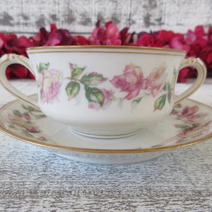Vintage Limoges Bouillon Cup and Saucer Set with Delicate Pink Roses
